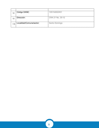 5
1.8
Código DANE: 105154002451
1.9
Dirección: CRA 21 No. 35-12
1.10
Localidad/Comuna/sector: Santo Domingo
 
