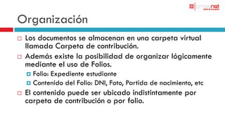 Organización
   Los documentos se almacenan en una carpeta virtual
    llamada Carpeta de contribución.
   Además existe la posibilidad de organizar lógicamente
    mediante el uso de Folios.
     Folio: Expediente estudiante
     Contenido del Folio: DNI, Foto, Partida de nacimiento, etc
   El contenido puede ser ubicado indistintamente por
    carpeta de contribución o por folio.
 