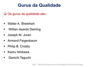 Os gurus da qualidade são:
 Walter A. Shewhart
 Willian dwards Deming
 Joseph M. Juran
 Armand Feigenbaum
 Philip B. Crosby
 Kaoru Ishikawa
 Genichi Taguchi
GAC - Gestão de Apoio para Corporações Direitos Reservados
Gurus da Qualidade
 