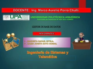 UNIVERSIDAD POLITÉCNICA AMAZÓNICA
Autorizada por Resolución Nº 650-2011–CONAFU
GESTORDE BASEDE DATOS
 