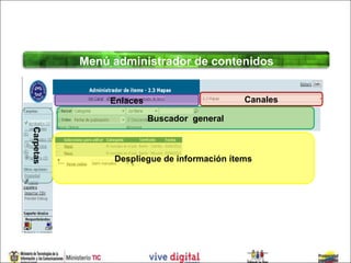 Menú administrador de contenidos


                Enlaces                      Canales

                          Buscador general
Carpetas




                Despliegue de información ítems
 
