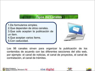 Tipos de Canales

1.De formularios simples.
2.Que dependen de otros canales.
3.Que solo aceptan la publicación de
un ítem.
4.Que aceptan varios ítems.
5.Con caducidad.

Los 98 canales sirven para organizar la publicación de los
contenidos de acuerdo con las diferentes secciones del sitio web,
por ejemplo: el canal de noticias, el canal de proyectos, el canal de
contratación, el canal de trámites.
 