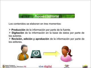 Proceso editorial

Los contenidos se elaboran en tres momentos:

 Producción de la información por parte de la fuente.
 Digitación de la información en la base de datos por parte de
los autores.
 Revisión, edición y aprobación de la información por parte de
los editores.
 