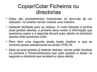 Copiar/Colar Ficheiros ou
                 directorias

    Estes são procedimentos importantes no dia-a-dia de um
    utilizador, no entanto vamos mostrar uma maneira

    bastante facilitada para os realizar. O mais indicado é termos
    duas janelas abertas, a primeira deve conter a informação que
    queremos copiar e a segunda deverá estar aberta na directoria
    (pasta) onde queremos colar.

    Para abrir uma segunda janela basta duplicar a que se
    encontra janela pressionando as teclas CTRL+N.

    Após as duas janelas já estarem abertas, vamos então localizar
    na primeira o ficheiro/directoria que será copiado e deixar na
    segunda a directoria que receberá a cópia aberta.
 