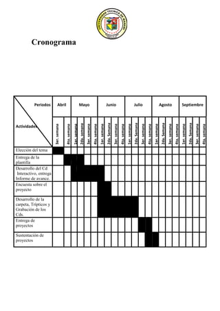 Cds.
                                         plantilla




                                         proyecto




proyectos
                  proyectos
                  Entrega de
                                                                                                Actividades




                                         Entrega de la




Sustentación de
                  Desarrollo de la

                  Grabación de los
                                         Encuesta sobre el
                                         Desarrollo del Cd
                                                                    Elección del tema




                                         Informe de avance.




                  carpeta, Trípticos y
                                                                                                              Periodos




                                          Interactivo, entrega de
                                                                                        3er. semana




                                                                                                              Abril
                                                                                        4ta. semana
                                                                                                                           Cronograma


                                                                                        1er. semana
                                                                                        2da. semana




                                                                                                              Mayo
                                                                                        3er. semana
                                                                                        4ta. semana
                                                                                        1er. semana
                                                                                        2da. Semana
                                                                                                              Junio

                                                                                        3er. semana
                                                                                        3er.semana
                                                                                        4ta. semana
                                                                                        4ta. semana
                                                                                        1er.
                                                                                        2da. Semana
                                                                                                              Julio




                                                                                        3er. semana
                                                                                        3er.semana
                                                                                        4ta. semana
                                                                                        1er.
                                                                                        4ta. semana
                                                                                        2da. Semana
                                                                                                              Agosto




                                                                                        3er. semana
                                                                                        3er.semana
                                                                                        4ta. semana
                                                                                        1er.
                                                                                        4ta. semana
                                                                                        2da. Semana
                                                                                        3er. semana
                                                                                        3er.semana
                                                                                                              Septiembre




                                                                                        4ta. semana
                                                                                        4ta. semana
 