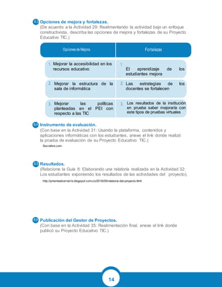 14
Opciones de mejora y fortalezas.
(De acuerdo a la Actividad 29: Realimentando la actividad bajo un enfoque
constructivista, describa las opciones de mejora y fortalezas de su Proyecto
Educativo TIC.)
Instrumento de evaluación.
(Con base en la Actividad 31: Usando la plataforma, contenidos y
aplicaciones informáticas con los estudiantes, anexe el link donde realizó
la prueba de evaluación de su Proyecto Educativo TIC.)
Resultados.
(Relacione la Guía 8: Elaborando una relatoría realizada en la Actividad 32:
Los estudiantes exponiendo los resultados de las actividades del proyecto).
Publicación del Gestor de Proyectos.
(Con base en la Actividad 35: Realimentación final, anexe el link donde
publicó su Proyecto Educativo TIC.)
Mejorar la accesibilidad en los
recursos educativo El aprendizaje de los
estudiantes mejora
Mejorar la estructura de la
sala de informática
Las estrategias de los
docentes se fortalecen
Los resultados de la institución
en prueba saber mejoraría con
este tipos de pruebas virtuales
Mejorar las políticas
planteadas en el PEI con
respecto a las TIC
Socrative.com
http://pmontealvernia1e.blogspot.com.co/2016/05/relatoria-del-proyecto.html
 