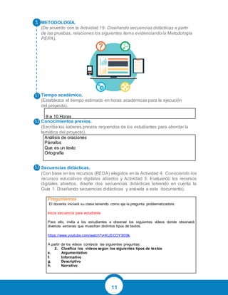 11
METODOLOGÍA.
(De acuerdo con la Actividad 19: Diseñando secuencias didácticas a partir
de las pruebas, relaciones los siguientes ítems evidenciando la Metodología
PEPA).
Tiempo académico.
(Establezca el tiempo estimado en horas académicas para la ejecución
del proyecto).
8 a 10 Horas
Conocimientos previos.
(Escriba los saberes previos requeridos de los estudiantes para abordar la
temática del proyecto).
Análisis de oraciones
Párrafos
Que es un texto
Ortografía
Secuencias didácticas.
(Con base en los recursos (REDA) elegidos en la Actividad 4: Conociendo los
recursos educativos digitales abiertos y Actividad 5: Evaluando los recursos
digitales abiertos, diseñe dos secuencias didácticas teniendo en cuenta la
Guía 1. Diseñando secuencias didácticas y anéxela a este documento).
Preguntemos
El docente iniciará su clase teniendo como eje la pregunta problematizadora:
Inicia secuencia para estudiante
Para ello, invita a los estudiantes a observar los siguientes videos donde observará
diversas escenas que muestran distintos tipos de textos.
https://www.youtube.com/watch?v=KUSCOY3t09k
A partir de los videos contesta las siguientes preguntas:
2. Clasifica los videos según los siguientes tipos de textos
e. Argumentativo
f. Informativo
g. Descriptivo
h. Narrativo
 