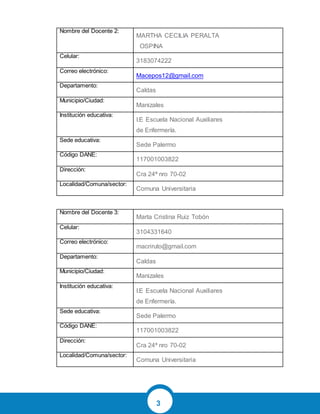 3
Nombre del Docente 2:
MARTHA CECILIA PERALTA
OSPINA
Celular:
3183074222
Correo electrónico:
Macepos12@gmail.com
Departamento:
Caldas
Municipio/Ciudad:
Manizales
Institución educativa:
I.E Escuela Nacional Auxiliares
de Enfermería.
Sede educativa:
Sede Palermo
Código DANE:
117001003822
Dirección:
Cra 24ª nro 70-02
Localidad/Comuna/sector:
Comuna Universitaria
Nombre del Docente 3:
Marta Cristina Ruiz Tobón
Celular:
3104331640
Correo electrónico:
macriruto@gmail.com
Departamento:
Caldas
Municipio/Ciudad:
Manizales
Institución educativa:
I.E Escuela Nacional Auxiliares
de Enfermería.
Sede educativa:
Sede Palermo
Código DANE:
117001003822
Dirección:
Cra 24ª nro 70-02
Localidad/Comuna/sector:
Comuna Universitaria
 
