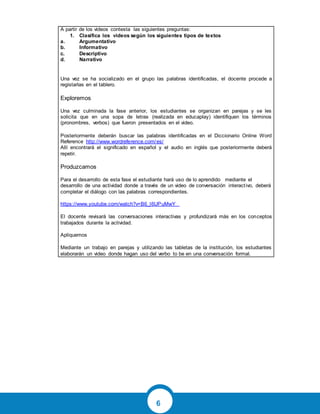 6
A partir de los videos contesta las siguientes preguntas:
1. Clasifica los videos según los siguientes tipos de textos
a. Argumentativo
b. Informativo
c. Descriptivo
d. Narrativo
Una vez se ha socializado en el grupo las palabras identificadas, el docente procede a
registarlas en el tablero.
Exploremos
Una vez culminada la fase anterior, los estudiantes se organizan en parejas y se les
solicita que en una sopa de letras (realizada en educaplay) identifiquen los términos
(pronombres, verbos) que fueron presentados en el video.
Posteriormente deberán buscar las palabras identificadas en el Diccionario Online Word
Reference http://www.wordreference.com/es/
Allí encontrará el significado en español y el audio en inglés que posteriormente deberá
repetir.
Produzcamos
Para el desarrollo de esta fase el estudiante hará uso de lo aprendido mediante el
desarrollo de una actividad donde a través de un video de conversación interactivo, deberá
completar el diálogo con las palabras correspondientes.
https://www.youtube.com/watch?v=B6_l6UPuMwY
El docente revisará las conversaciones interactivas y profundizará más en los conceptos
trabajados durante la actividad.
Apliquemos
Mediante un trabajo en parejas y utilizando las tabletas de la institución, los estudiantes
elaborarán un video donde hagan uso del verbo to be en una conversación formal.
 