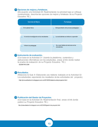13
Opciones de mejora y fortalezas.
(De acuerdo a la Actividad 29: Realimentando la actividad bajo un enfoque
constructivista, describa las opciones de mejora y fortalezas de su Proyecto
Educativo TIC.)
Instrumento de evaluación.
(Con base en la Actividad 31: Usando la plataforma, contenidos y
aplicaciones informáticas con los estudiantes, anexe el link donde realizó
la prueba de evaluación de su Proyecto Educativo TIC.)
Resultados.
(Relacione la Guía 8: Elaborando una relatoría realizada en la Actividad 32:
Los estudiantes exponiendo los resultados de las actividades del proyecto).
Publicación del Gestor de Proyectos.
(Con base en la Actividad 35: Realimentación final, anexe el link donde
publicó su Proyecto Educativo TIC.)
En la planta física Enriquecimiento del proceso pedagógico
A nivel de investigación en los estudiantes Los estudiantes se motivan a aprender
Se crean hábitos de lecturas en los
estudiantes.
A Nivel de pedagogía
SOCRATIVE.COM
http://pmauxiliadora1a.blogspot.com.co/2016/05/relatoria-del-proyecto.html
http://pmauxiliadora1a.blogspot.com.co/2016/05/gestor-de-proyecto.html
 