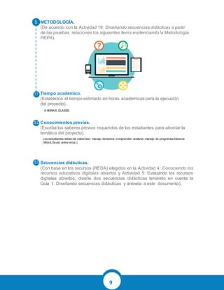 9
METODOLOGÍA.
(De acuerdo con la Actividad 19: Diseñando secuencias didácticas a partir
de las pruebas, relaciones los siguientes ítems evidenciando la Metodología
PEPA).
Tiempo académico.
(Establezca el tiempo estimado en horas académicas para la ejecución
del proyecto).
Conocimientos previos.
(Escriba los saberes previos requeridos de los estudiantes para abordar la
temática del proyecto).
Secuencias didácticas.
(Con base en los recursos (REDA) elegidos en la Actividad 4: Conociendo los
recursos educativos digitales abiertos y Actividad 5: Evaluando los recursos
digitales abiertos, diseñe dos secuencias didácticas teniendo en cuenta la
Guía 1. Diseñando secuencias didácticas y anéxela a este documento).
8 HORAS CLASES
Los estudiantes deben de saber leer, manejo de textos, comprender, analizar, manejo de programas básicos
(Word, Excel, entre otros.)
 