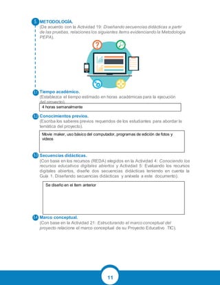 11
METODOLOGÍA.
(De acuerdo con la Actividad 19: Diseñando secuencias didácticas a partir
de las pruebas, relaciones los siguientes ítems evidenciando la Metodología
PEPA).
Tiempo académico.
(Establezca el tiempo estimado en horas académicas para la ejecución
del proyecto).
Conocimientos previos.
(Escriba los saberes previos requeridos de los estudiantes para abordar la
temática del proyecto).
Secuencias didácticas.
(Con base en los recursos (REDA) elegidos en la Actividad 4: Conociendo los
recursos educativos digitales abiertos y Actividad 5: Evaluando los recursos
digitales abiertos, diseñe dos secuencias didácticas teniendo en cuenta la
Guía 1. Diseñando secuencias didácticas y anéxela a este documento).
Marco conceptual.
(Con base en la Actividad 21: Estructurando el marco conceptual del
proyecto relacione el marco conceptual de su Proyecto Educativo TIC).
5.
5.1
5.2
5.3
5.4
4 horas semanalmente
Movie maker, uso básico del computador, programas de edición de fotos y
videos
Se diseño en el ítem anterior
 