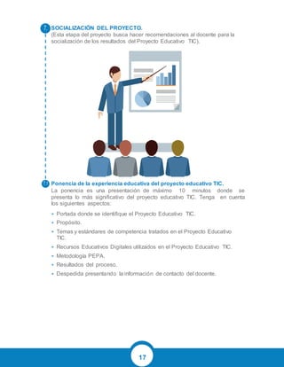 17
SOCIALIZACIÓN DEL PROYECTO.
(Esta etapa del proyecto busca hacer recomendaciones al docente para la
socialización de los resultados del Proyecto Educativo TIC).
Ponencia de la experiencia educativa del proyecto educativo TIC.
La ponencia es una presentación de máximo 10 minutos donde se
presenta lo más significativo del proyecto educativo TIC. Tenga en cuenta
los siguientes aspectos:
• Portada donde se identifique el Proyecto Educativo TIC.
• Propósito.
• Temas y estándares de competencia tratados en el Proyecto Educativo
TIC.
• Recursos Educativos Digitales utilizados en el Proyecto Educativo TIC.
• Metodología PEPA.
• Resultados del proceso.
• Despedida presentando la información de contacto del docente.
7.
7.1
 