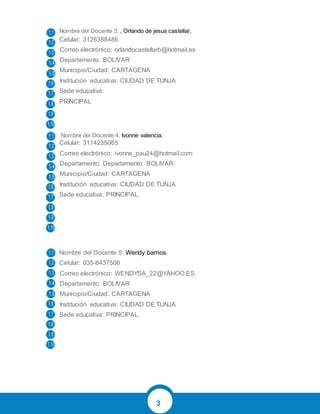 3
Nombre del Docente 3: , Orlando de jesus castellar,
Celular: 3126388486
Correo electrónico: orlandocastellarb@hotmail.es
Departamento: BOLIVAR
Municipio/Ciudad: CARTAGENA
Institución educativa: CIUDAD DE TUNJA
Sede educativa:
PRINCIPAL
Nombre del Docente 4: Ivonne valencia.
Celular: 3114235065
Correo electrónico: ivonne_pau24@hotmail.com
Departamento: Departamento: BOLIVAR
Municipio/Ciudad: CARTAGENA
Institución educativa: CIUDAD DE TUNJA
Sede educativa: PRINCIPAL
Nombre del Docente 5: Wendy barrios.
Celular: 035-6437506
Correo electrónico: WENDYSA_22@YAHOO.ES
Departamento: BOLIVAR
Municipio/Ciudad: CARTAGENA
Institución educativa: CIUDAD DE TUNJA
Sede educativa: PRINCIPAL
1.1
1.2
1.3
1.4
1.5
1.6
1.7
1.8
1.9
1.10
1.1
1.2
1.3
1.4
1.5
1.6
1.7
1.8
1.9
1.10
1.1
1.2
1.3
1.4
1.5
1.6
1.7
1.8
1.9
1.10
 