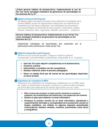 13
¿Cómo generar hábitos de lectoescritura, implementando el uso de
las Tics como estrategia mediadora de generación de aprendizajes en
los alumnos de 4 y 5?
Objetivo General del Proyecto:
(El objetivo debe concretarse tomando como referente los resultados de la
prueba SABER, el plan de mejoramiento institucional, los estándares de
competencia de las áreas implicadas y las habilidades de pensamiento
que busca fortalecer el desarrollo de este proyecto: comprender, analizar,
razonar, interpretar, inferir, argumentar, describir, comunicar y proponer).
Generar hábitos de lectoescritura, implementando el uso de las Tics
como estrategia mediadora de generación de aprendizajes en los
alumnos de 4 y 5
Implementar estrategias de aprendizajes que propendan por la
optimización lecto-escritural por medio de las Tics.
Objetivos Específicos del Proyecto:
(Mínimo uno por área del proyecto. Tenga en cuenta los saberes:
conceptuales, procedimentales y actitudinales a desarrollar en el proyecto).
Estándares de competencia MEN:
(Relacionar los estándares de competencias establecidos por el MEN sobre
los cuales se desarrollará el proyecto, teniendo en cuenta la tabla entregada
por el formador para seleccionar de manera ágil (mínimo uno por área).
 Usar las Tics para adquirir competencias en la lectoescritura..
 Construir cuentos
 Intercambiar y socializar con los compañeros.
 Realizar relatorías sobre el proceso pedagógico.
 Hacer un trabajo final que dé cuenta de los aprendizajes adquiridos
en torno al tema.
 Elijo un tema para producir un texto escrito, teniendo en cuenta un
propósito, las características del interlocutor y las exigencias del contexto.
 Diseño un plan para elaborar un texto informativo.
 Produzco la primera versión de un texto informativo, atendiendo a
requerimientos (formales y conceptuales) de la producción escrita en
lengua castellana, con énfasis en algunos aspectos gramaticales
(concordancia, tiempos verbales, nombres, pronombres, entre otros)
y ortográficos.
 