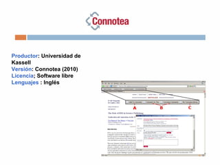 Productor: Universidad de
Kassell
Versión: Connotea (2010)
Licencia; Software libre
Lenguajes : Inglés
 