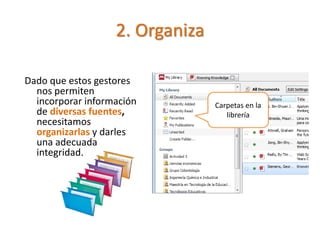 2. Organiza
Dado que estos gestores
nos permiten
incorporar información
de diversas fuentes,
necesitamos
organizarlas y darles
una adecuada
integridad.
Carpetas en la
librería
 