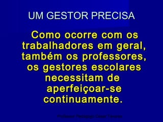 UM GESTOR PRECISA
  Como ocorre com os
trabalhadores em geral,
também os professores,
 os gestores escolares
    necessitam de
     aperfeiçoar-se
    continuamente.
      Professor Pedagogo César Tavares
 