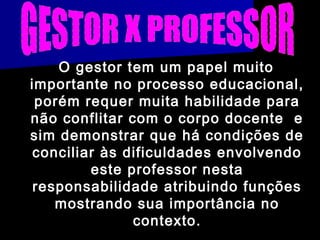 O gestor tem um papel muito
importante no processo educacional,
 porém requer muita habilidade para
não conflitar com o corpo docente e
sim demonstrar que há condições de
 conciliar às dificuldades envolvendo
         este professor nesta
 responsabilidade atribuindo funções
    mostrando sua importância no
                 contexto. Tavares
            Professor Pedagogo César
 