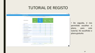 TUTORIAL DE REGISTO
• De seguida, é nos
permitido escolher o
plano, para este
tutorial, foi escolhido o
plano gratuito.
14
 