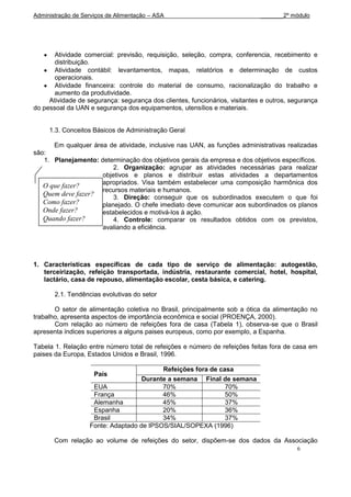 Administração de Serviços de Alimentação – ASA                               _______2º módulo




       Atividade comercial: previsão, requisição, seleção, compra, conferencia, recebimento e
       distribuição.
       Atividade contábil: levantamentos, mapas, relatórios e determinação de custos
       operacionais.
       Atividade financeira: controle do material de consumo, racionalização do trabalho e
       aumento da produtividade.
     Atividade de segurança: segurança dos clientes, funcionários, visitantes e outros, segurança
do pessoal da UAN e segurança dos equipamentos, utensílios e materiais.


     1.3. Conceitos Básicos de Administração Geral

      Em qualquer área de atividade, inclusive nas UAN, as funções administrativas realizadas
são:
   1. Planejamento: determinação dos objetivos gerais da empresa e dos objetivos específicos.
                         2. Organização: agrupar as atividades necessárias para realizar
                     objetivos e planos e distribuir estas atividades a departamentos
                     apropriados. Visa também estabelecer uma composição harmônica dos
   O que fazer?
                     recursos materiais e humanos.
   Quem deve fazer?      3. Direção: conseguir que os subordinados executem o que foi
   Como fazer?       planejado. O chefe imediato deve comunicar aos subordinados os planos
   Onde fazer?       estabelecidos e motivá-los à ação.
   Quando fazer?         4. Controle: comparar os resultados obtidos com os previstos,
                     avaliando a eficiência.




1. Características específicas de cada tipo de serviço de alimentação: autogestão,
   terceirização, refeição transportada, indústria, restaurante comercial, hotel, hospital,
   lactário, casa de repouso, alimentação escolar, cesta básica, e catering.

       2.1. Tendências evolutivas do setor

       O setor de alimentação coletiva no Brasil, principalmente sob a ótica da alimentação no
trabalho, apresenta aspectos de importância econômica e social (PROENÇA, 2000).
       Com relação ao número de refeições fora de casa (Tabela 1), observa-se que o Brasil
apresenta índices superiores a alguns paises europeus, como por exemplo, a Espanha.

Tabela 1. Relação entre número total de refeições e número de refeições feitas fora de casa em
paises da Europa, Estados Unidos e Brasil, 1996.

                                          Refeições fora de casa
                     País
                                    Durante a semana Final de semana
                    EUA                   70%                 70%
                    França                46%                 50%
                    Alemanha              45%                 37%
                    Espanha               20%                 36%
                    Brasil                34%                 37%
                   Fonte: Adaptado de IPSOS/SIAL/SOPEXA (1996)

       Com relação ao volume de refeições do setor, dispõem-se dos dados da Associação
                                                                                          6
 