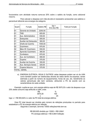 Administração de Serviços de Alimentação – ASA                                   _______2º módulo




funcionários com atividade noturna soma-se 20% sobre o salário da função, como adicional
noturno.
               Para calcular a despesa com mão-de-obra é necessário acrescentar aos salários o
percentual referente aos encargos da categoria.

                                                        Sal +
       Quant          Função            Salário R$                        Total por função
                                                     Enc.Soc R$
       01      Gerente de Unidade        2250,00
       01      TND                       820,00
       01      Aux. Administrativo       530,00
       01      Estoquista                500,00
       01      Auxiliar de Estoquista    360,00
       01      Chefe de Cozinha          1000,00                                             .
       02      Cozinheiro                870,00
       02      Meio Of. Cozinheiro       550,00
       01      Aprendiz Cozinheiro       380,00
       01      Confeiteiro               870,00
       01      Aux. de Confeiteiro       480,00
       08      Copeira                   370,00
       04   Auxiliar de Cozinha          350,00
       04   Aux. Serviços Gerais         320,00
       02   Copeira Noturno              370,00
       TOTAL. GERAL

            e) ENERGIA ELÉTRICA, ÁGUA E OUTROS: estas despesas podem ser só da UAN
               como também podem ser distribuídas através de rateio dentro da empresa, sendo
               estimada a partir do número de equipamentos, horas de uso, etc. Geralmente os
               valores percentuais são bem variáveis, atribuindo a PC de acordo com as
               características de cada unidade.

        Exemplo: supõe-se que, com energia elétrica seja de R$ 3975,30 o valor da despesa e que
25% deste consumo seja atribuído à UAN, onde:
                                     R$                      %
                                    3975,30                100
                                        x                      25
logo: x = R$ 993,825 é o valor da PC total de energia elétrica

       Esta PC total deverá ser dividida pelo número de refeições produzidas no período para
estabelecer a PC de energia elétrica por refeição.
               Seguindo o exemplo, servindo 15500 refeições/mês tem-se:

                            R$ 993,825 dividido por 15500 = R$ 0,0641
                             PC (energia elétrica) = R$ 0,0641/refeição


                                                                                             68
 