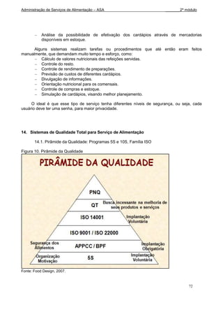Administração de Serviços de Alimentação – ASA                          _______2º módulo




           Análise da possibilidade de efetivação dos cardápios através de mercadorias
           disponíveis em estoque.

      Alguns sistemas realizam tarefas ou procedimentos que até então eram feitos
manualmente, que demandam muito tempo e esforço, como:
         Cálculo de valores nutricionais das refeições servidas.
         Controle do resto.
         Controle de rendimento de preparações.
         Previsão de custos de diferentes cardápios.
         Divulgação de informações.
         Orientação nutricional para os comensais.
         Controle de compras e estoque.
         Simulação de cardápios, visando melhor planejamento.

     O ideal é que esse tipo de serviço tenha diferentes níveis de segurança, ou seja, cada
usuário deve ter uma senha, para maior privacidade.




14. Sistemas de Qualidade Total para Serviço de Alimentação

       14.1. Pirâmide da Qualidade: Programas 5S e 10S, Família ISO

Figura 10. Pirâmide da Qualidade




Fonte: Food Design, 2007.



                                                                                    72
 