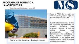 PROGRAMA DE FOMENTO A
LA AGRICULTURA
Incentivos a la Infraestructura Comercial
Construcción de centro de acopio nuevo
Hasta el *75% de inversión en
infraestructura y activos fijos, sin
rebasar los $25'000,000.00
Cuando adicionalmente a la obra
se considere equipamiento, la
presente modalidad será
aplicable, siempre y cuando
dichos bienes sean
proporcionados por el
beneficiario a la contratista; o
bien, cuando incluyan la
adquisición y su precio sea
menor al de los trabajos de obra
civil que se contraten.
 