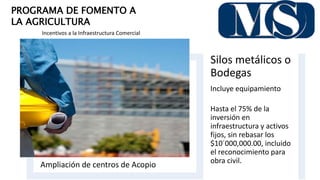 PROGRAMA DE FOMENTO A
LA AGRICULTURA
Incentivos a la Infraestructura Comercial
Ampliación de centros de Acopio
Silos metálicos o
Bodegas
Incluye equipamiento
Hasta el 75% de la
inversión en
infraestructura y activos
fijos, sin rebasar los
$10´000,000.00, incluido
el reconocimiento para
obra civil.
 