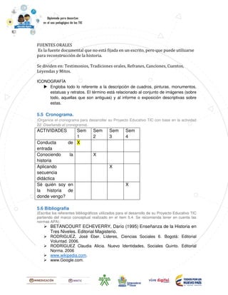 FUENTES ORALES
Es la fuente documental que no está fijada en un escrito, pero que puede utilizarse
para reconstrucción de la historia.
Se dividen en: Testimonios, Tradiciones orales, Refranes, Canciones, Cuentos,
Leyendas y Mitos.
ICONOGRAFÍA
Engloba todo lo referente a la descripción de cuadros, pinturas, monumentos,
estatuas y retratos. El término está relacionado al conjunto de imágenes (sobre
todo, aquellas que son antiguas) y al informe o exposición descriptivas sobre
estas.
5.5 Cronograma.
(Organice el cronograma para desarrollar su Proyecto Educativo TIC con base en la actividad
22: Diseñando el cronograma).
ACTIVIDADES Sem
1
Sem
2
Sem
3
Sem
4
Conducta de
entrada
X
Conociendo la
historia
X
Aplicando
secuencia
didáctica
X
Sé quién soy en
la historia de
donde vengo?
X
5.6 Bibliografia
(Escriba los referentes bibliográficos utilizados para el desarrollo de su Proyecto Educativo TIC
partiendo del marco conceptual realizado en el ítem 5.4. Se recomienda tener en cuenta las
normas APA).
BETANCOURT ECHEVERRY, Darío (1995) Enseñanza de la Historia en
Tres Niveles. Editorial Magisterio.
RODRIGUEZ, José Eber. Líderes, Ciencias Sociales 6. Bogotá: Editorial
Voluntad. 2006.
RODRÍGUEZ Claudia Alicia. Nuevo Identidades, Sociales Quinto. Editorial
Norma. 2006
www.wikipedia.com.
www.Google.com.
 