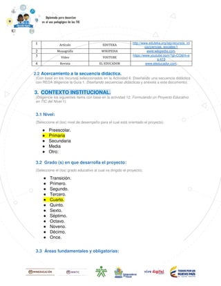 1 Artículo EDUTEKA
http://www.eduteka.org/tag/recursos_ini
cio/ciencias_sociales/1
2 Monografía WIKIPEDIA www.wikipedia.com.
3 Vídeo YOUTUBE
https://www.youtube.com/?gl=CO&hl=e
s-419
4 Revista EL EDUCADOR www.eleducador.com.
2.2 Acercamiento a la secuencia didáctica.
(Con base en los recursos seleccionados en la Actividad 6: Diseñando una secuencia didáctica
con REDA diligencie la Guía 1. Diseñando secuencias didácticas y anéxela a este documento).
3. CONTEXTO INSTITUCIONAL.
(Diligencie los siguientes ítems con base en la actividad 12: Formulando un Proyecto Educativo
en TIC del Nivel 1).
3.1 Nivel:
(Seleccione el (los) nivel de desempeño para el cual está orientado el proyecto)
● Preescolar.
● Primaria
● Secundaria
● Media
● Otro:
3.2 Grado (s) en que desarrolla el proyecto:
(Seleccione el (los) grado educativo al cual va dirigido el proyecto).
● Transición.
● Primero.
● Segundo.
● Tercero.
● Cuarto.
● Quinto.
● Sexto.
● Séptimo.
● Octavo.
● Noveno.
● Décimo.
● Once.
3.3 Áreas fundamentales y obligatorias:
 