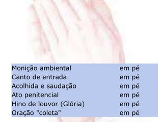 Monição ambiental
Canto de entrada
Acolhida e saudação
Ato penitencial
Hino de louvor (Glória)
Oração "coleta"
em pé
em pé
em pé
em pé
em pé
em pé
 