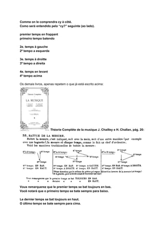 Comme on le comprendra cy à côté.
Como será entendido pelo “cy?” seguinte (ao lado).
premier temps en frappant
primeiro tempo batendo
2e. temps à gauche
2º tempo a esquerda
3e. temps à droitte
3º tempo a direita
4e. temps en levant
4º tempo acima
Os demais livros, apenas repetem o que já está escrito acima:
Théorie Complète de la musique J. Chailley e H. Challan, pág. 20:
Vous remarquerez que le premier temps se bat toujours en bas.
Você notará que o primeiro tempo se bate sempre para baixo.
Le dernier temps se bat toujours en haut.
O último tempo se bate sempre para cima.
 