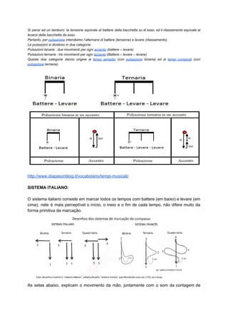 Si pensi ad un tamburo: la tensione equivale al battere della bacchetta su di esso, ed il rilassamento equivale al
levarsi della bacchetta da esso.
Pertanto, per ​pulsazione​ intendiamo l’alternarsi di battere (tensione) e levare (rilassamento).
Le pulsazioni si dividono in due categorie:
Pulsazioni binarie : due movimenti per ogni ​accento​ (battere – levare)
Pulsazioni ternarie : tre movimenti per ogni ​accento​ (Battere – levare – levare)
Queste due categorie danno origine ai ​tempi semplici (con ​pulsazione binaria) ed ai ​tempi composti (con
pulsazione​ ternaria).
http://www.diapasonblog.it/vocabolario/tempi-musicali/
SISTEMA ITALIANO:
O sistema italiano consiste em marcar todos os tempos com battere (em baixo) e levare (em
cima), nele é mais perceptível o início, o meio e o fim de cada tempo, não difere muito da
forma primitiva de marcação.
As setas abaixo, explicam o movimento da mão, juntamente com o som da contagem de
 