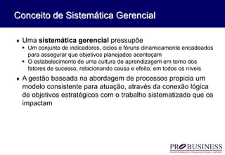  Uma sistemática gerencial pressupõe
 Um conjunto de indicadores, ciclos e fóruns dinamicamente encadeados
para assegurar que objetivos planejados aconteçam
 O estabelecimento de uma cultura de aprendizagem em torno dos
fatores de sucesso, relacionando causa e efeito, em todos os níveis
 A gestão baseada na abordagem de processos propicia um
modelo consistente para atuação, através da conexão lógica
de objetivos estratégicos com o trabalho sistematizado que os
impactam
Conceito de Sistemática Gerencial
 