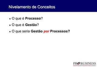  O que é Processo?
 O que é Gestão?
 O que seria Gestão por Processos?
Nivelamento de Conceitos
 