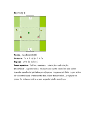 Exercício 3
Forma - fundamental III
Numero - Gr + 2 + (J) x 2 + Gr
Espaço - 30 x 30 metros
Preocupações - Saídas, receções, colocação e orientação.
Descrição - jogo reduzido, em que não existe oposição nas faixas
laterais, sendo obrigatório que o jogador em posse de bola e que nelas
se encontre fazer cruzamento das zonas demarcadas. A equipa em
posse de bola encontra-se em superioridade numérica.
 