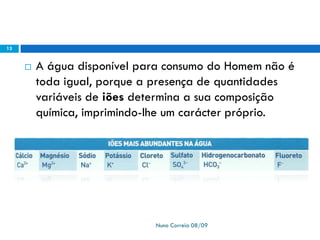  A água disponível para consumo do Homem não é
toda igual, porque a presença de quantidades
variáveis de iões determina a sua composição
química, imprimindo-lhe um carácter próprio.
Nuno Correia 08/09
13
 