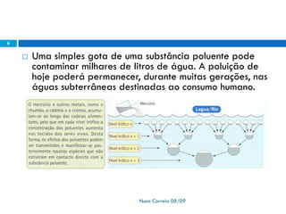  Uma simples gota de uma substância poluente pode
contaminar milhares de litros de água. A poluição de
hoje poderá permanecer, durante muitas gerações, nas
águas subterrâneas destinadas ao consumo humano.
Nuno Correia 08/09
6
 
