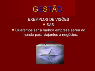 GGEESSTTÃÃOO
EXEMPLOS DE VISÕESEXEMPLOS DE VISÕES
 SASSAS
 Queremos ser a melhor empresa aérea doQueremos ser a melhor empresa aérea do
mundo para viajantes a negócios.mundo para viajantes a negócios.
 