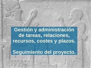 Gestión y administración
de tareas, relaciones,
recursos, costes y plazos.
Seguimiento del proyecto.