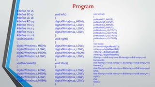 Program#define FD 16
#define BD 17
#define LD 18
#define RD 19
#define m11 3
#define m12 4
#define m21 5
#define m22 6
void forward()
{
digitalWrite(m11, HIGH);
digitalWrite(m12, LOW);
digitalWrite(m21, HIGH);
digitalWrite(m22, LOW);
}
void backward()
{
digitalWrite(m11, LOW);
digitalWrite(m12, HIGH);
digitalWrite(m21, LOW);
digitalWrite(m22, HIGH);
}
void left()
{
digitalWrite(m11, HIGH);
digitalWrite(m12, LOW);
digitalWrite(m21, LOW);
digitalWrite(m22, LOW);
}
void right()
{
digitalWrite(m11, LOW);
digitalWrite(m12, LOW);
digitalWrite(m21, HIGH);
digitalWrite(m22, LOW);
}
void Stop()
{
digitalWrite(m11, LOW);
digitalWrite(m12, LOW);
digitalWrite(m21, LOW);
digitalWrite(m22, LOW);
}
void setup()
{
pinMode(FD, INPUT);
pinMode(BD, INPUT);
pinMode(LD, INPUT);
pinMode(RD, INPUT);
pinMode(m11, OUTPUT);
pinMode(m12,OUTPUT);
pinMode(m21,OUTPUT);
pinMode(m22,OUTPUT);
}
void loop()
{int temp1=digitalRead(FD);
int temp2=digitalRead(BD);
int temp3=digitalRead(LD);
int temp4=digitalRead(RD);
if(temp1==1 && temp2==0 && temp3==0 && temp4==0)
backward();
else if(temp1==0 && temp2==1 && temp3==0 && temp4==0)
forward();
else if(temp1==0 && temp2==0 && temp3==1 && temp4==0)
left();
else if(temp1==0 && temp2==0 && temp3==0 && temp4==1)
right();
else
Stop();
}
 
