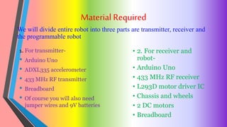 Material Required
1. For transmitter-
• Arduino Uno
• ADXL335 accelerometer
• 433 MHz RF transmitter
• Breadboard
• Of course you will also need
jumper wires and 9V batteries
• 2. For receiver and
robot-
• Arduino Uno
• 433 MHz RF receiver
• L293D motor driver IC
• Chassis and wheels
• 2 DC motors
• Breadboard
We will divide entire robot into three parts are transmitter, receiver and
the programmable robot
 
