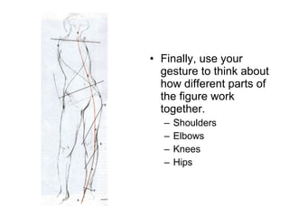 Finally, use your gesture to think about how different parts of the figure work together. Shoulders Elbows Knees Hips 