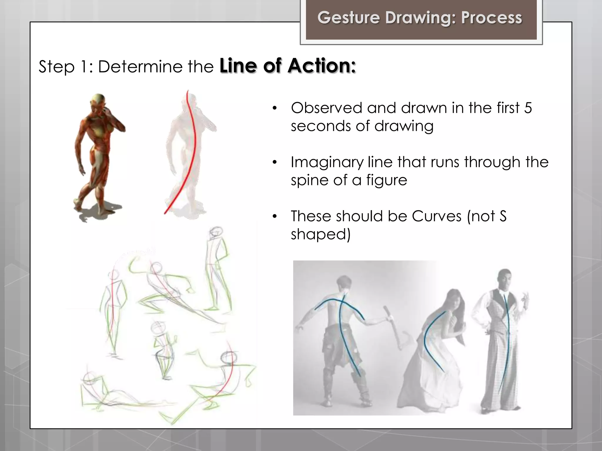 Gesture Drawing: Process
Step 1: Determine the Line of Action:
• Observed and drawn in the first 5
seconds of drawing
• Imaginary line that runs through the
spine of a figure
• These should be Curves (not S
shaped)

 