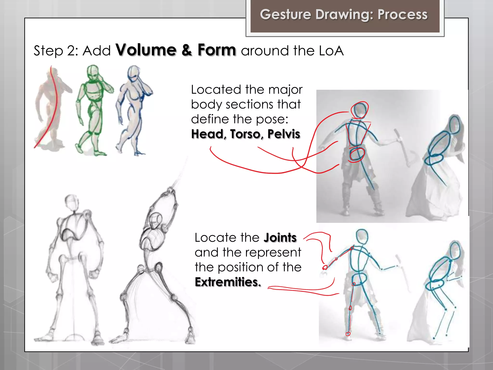 Gesture Drawing: Process
Step 2: Add Volume & Form around the LoA
Located the major
body sections that
define the pose:
Head, Torso, Pelvis

Locate the Joints
and the represent
the position of the
Extremities.

 