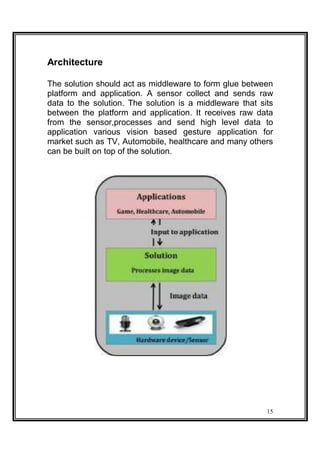 Architecture
The solution should act as middleware to form glue between
platform and application. A sensor collect and sends raw
data to the solution. The solution is a middleware that sits
between the platform and application. It receives raw data
from the sensor,processes and send high level data to
application various vision based gesture application for
market such as TV, Automobile, healthcare and many others
can be built on top of the solution.
15
 