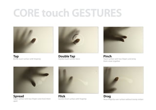 CORE touch GESTURES
Tap
Briefly touch surface with fingertip
Double Tap
Rapidly touch surface twice
Pinch
Touch surface with two fingers and bring
them closer together
Spread
Touch surface with two fingers and move them
apart
Flick
Quickly brush surface with fingertip
Drag
Move fingertip over surface without losing contact.
 