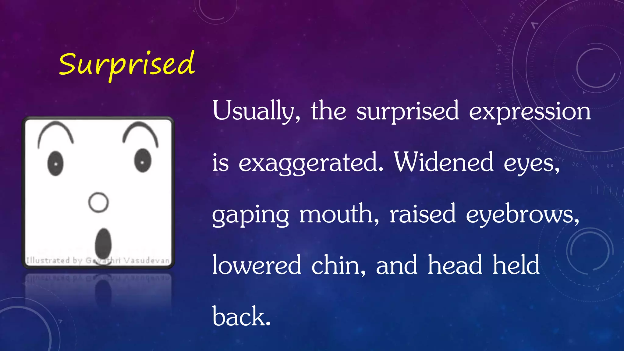 Surprised
Usually, the surprised expression
is exaggerated. Widened eyes,
gaping mouth, raised eyebrows,
lowered chin, and head held
back.
 