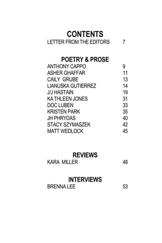 CONTENTS
LETTER FROM THE EDITORS 7
POETRY & PROSE
ANTHONY CAPPO 9
ASHER GHAFFAR 11
CAILY GRUBE 13
LIANUSKA GUTIERREZ 14
J/J HASTAIN 19
KATHLEEN JONES 31
DOC LUBEN 33
KRISTEN PARK 35
JH PHRYDAS 40
STACY SZYMASZEK 42
MATT WEDLOCK 45
REVIEWS
KARA MILLER 48
INTERVIEWS
BRENNA LEE 53
 